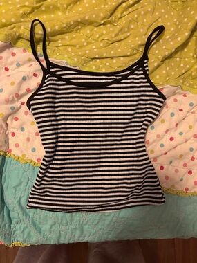 Arizona Jean Company Black & White Striped Ribbed Spaghetti Strap Cami